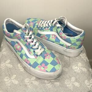 Vans Old Skool Stacked Platform Checkered Floral Leather Shoe SIZE 8.5